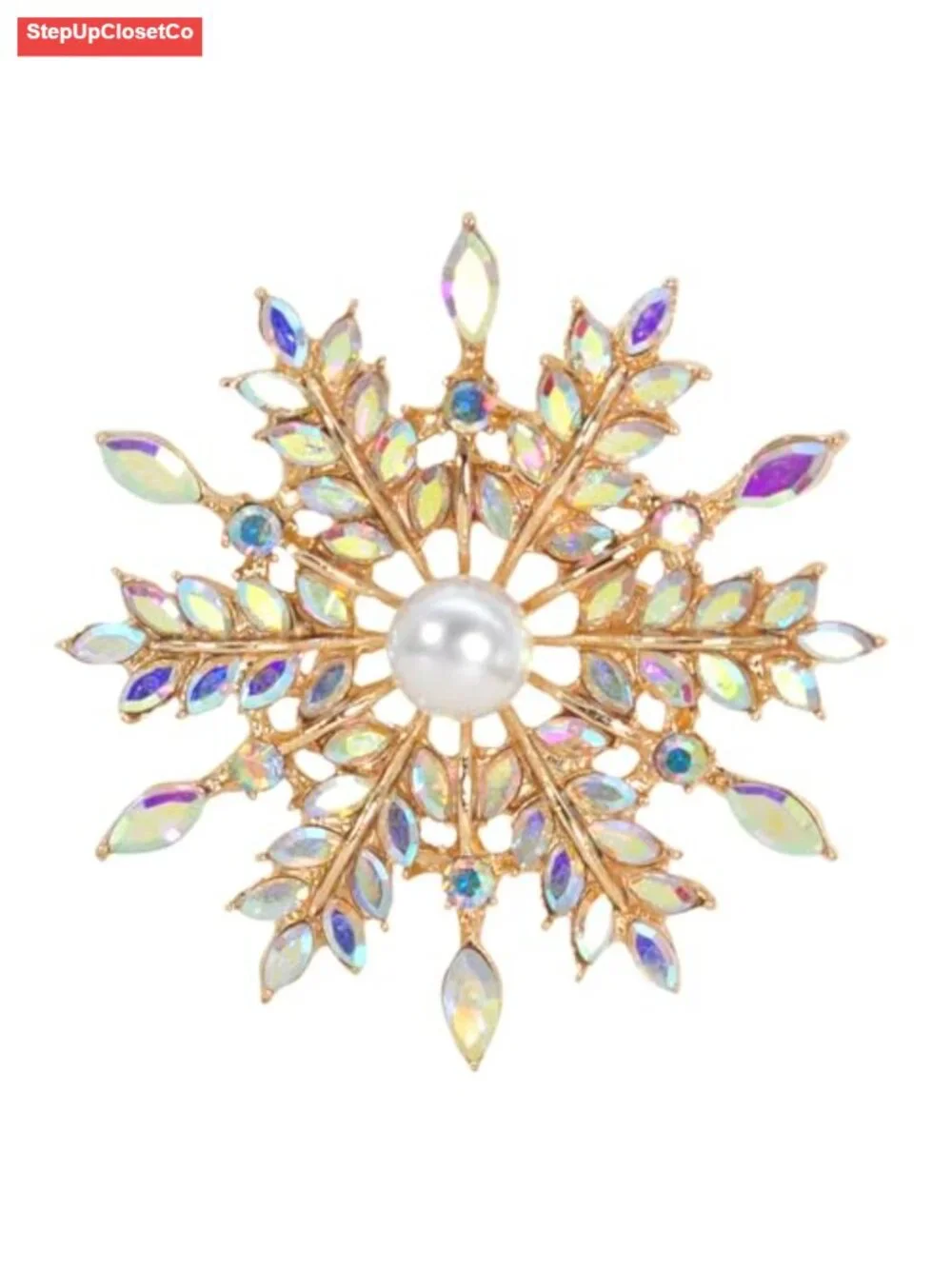Iridescent Crystal Snowflake Flower Brooch Pin Convertible Pendant Gold-Tone